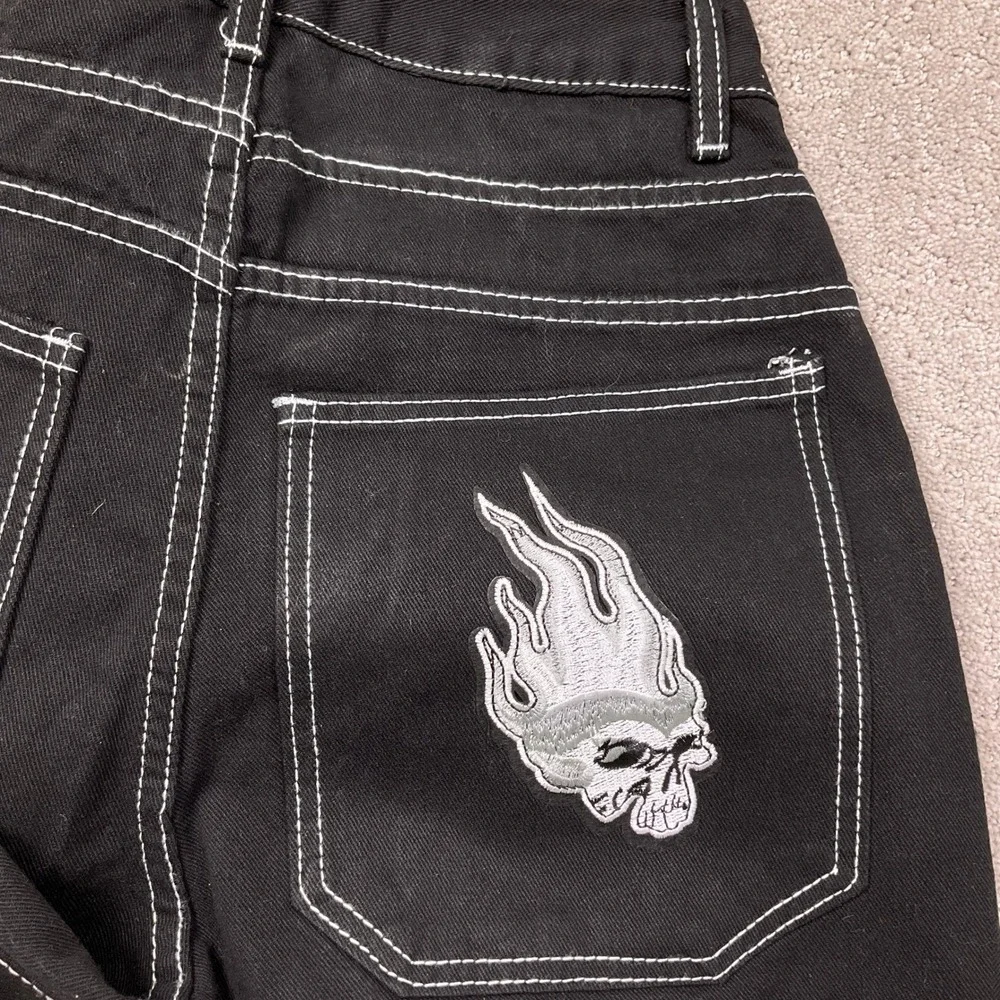 Wide Leg‎ Flaming Skull Pocket  Mens Small Black Contrast Stitch Denim Hip Hop